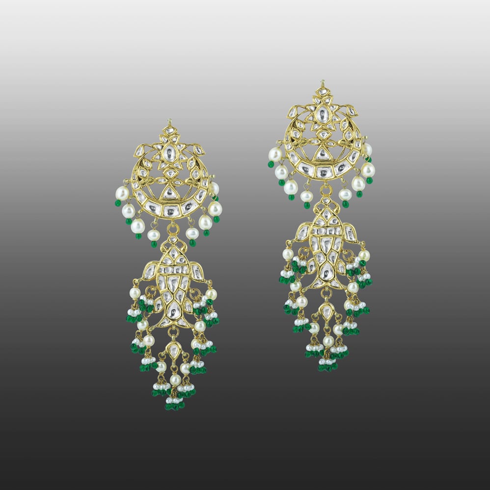 Polki Chandelier Earrings with Green Beads and Pearl Cascades
